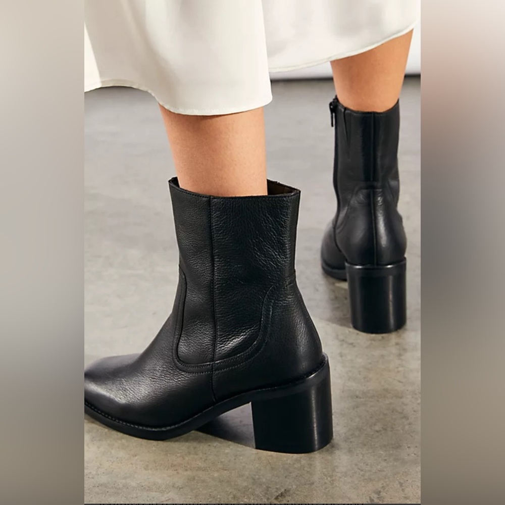 Free People Black Leather Mid-Calf Block Heel Booties